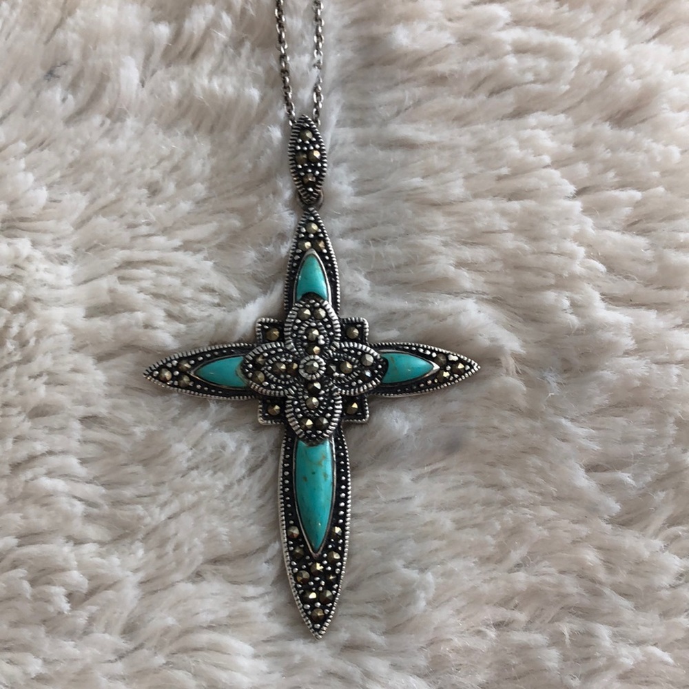 Turquoise marcasite sterling cross necklace